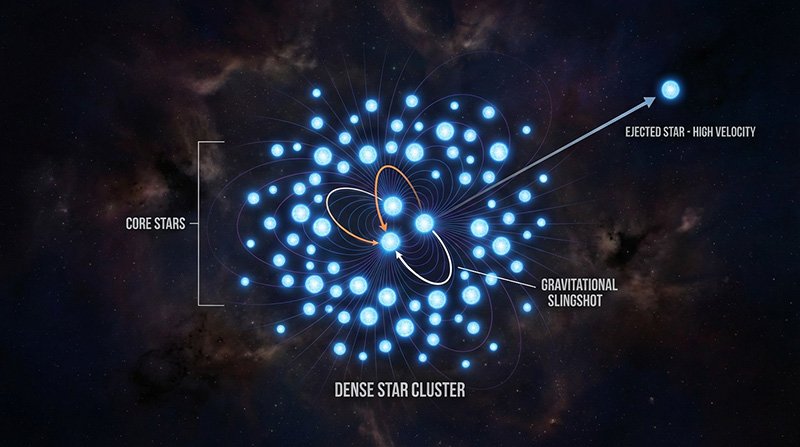 Diagram of a dense star cluster showing core stars, gravitational slingshot paths, and an ejected high-velocity star moving away from the cluster.
