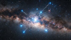 A dense region of the Milky Way galaxy is shown with bright blue stars and streams of stars radiating outward against a dark, star-filled background.