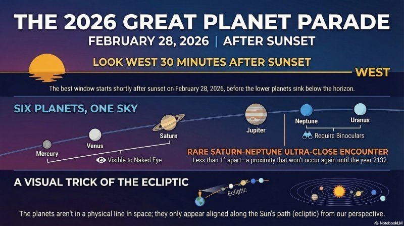 Infographic about the 2026 Great Planet Parade highlights a rare planetary alignment with six planets visible after sunset on February 28, 2026, complete with viewing instructions and a detailed diagram of their alignment.