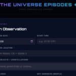 A digital form titled "Log an Observation" designed for stargazing, with fields for observation date, time, location, celestial objects, equipment used, and sky darkness (Bortle scale).