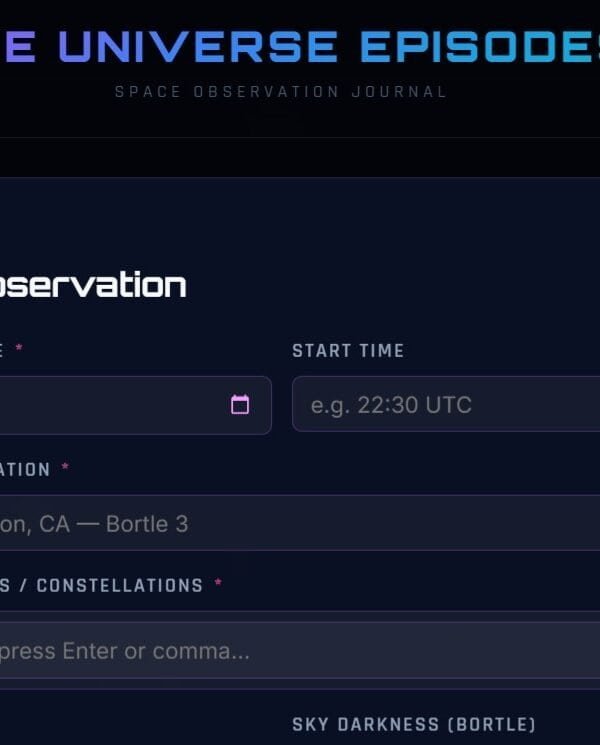 A digital form titled "Log an Observation" designed for stargazing, with fields for observation date, time, location, celestial objects, equipment used, and sky darkness (Bortle scale).