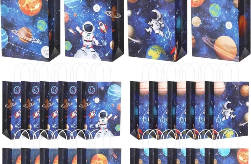 Gaillty 24 Pcs Outer Space Party Favor Bags feature planet, galaxy, and astronaut designs. Each kraft paper bag includes handles for easy carrying—perfect for science or solar eclipse themed birthday party favors and decorations.