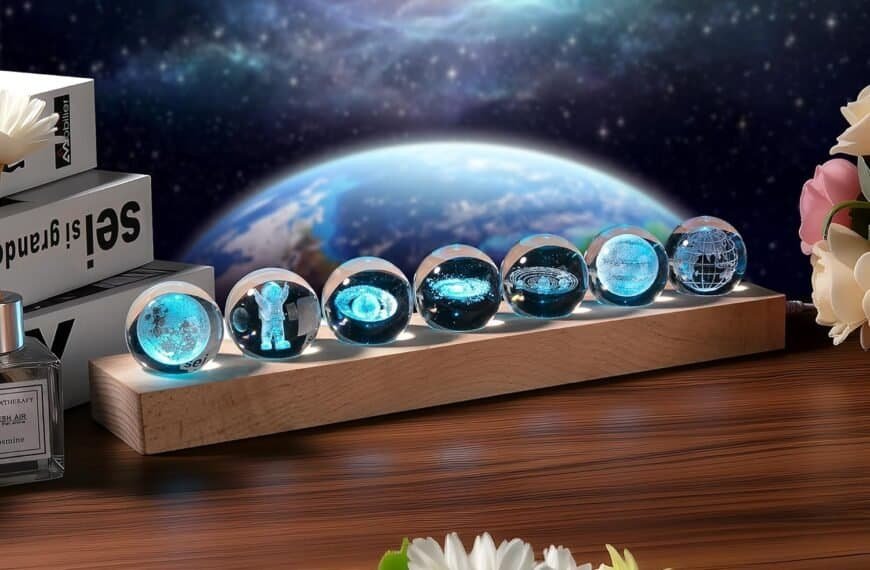 The 3D Crystal Solar System Globe with LED lamp base displays planets like Jupiter, Saturn, the Moon, and Earth—an astronomy-themed astrophysics night light and gift for kids or adults.