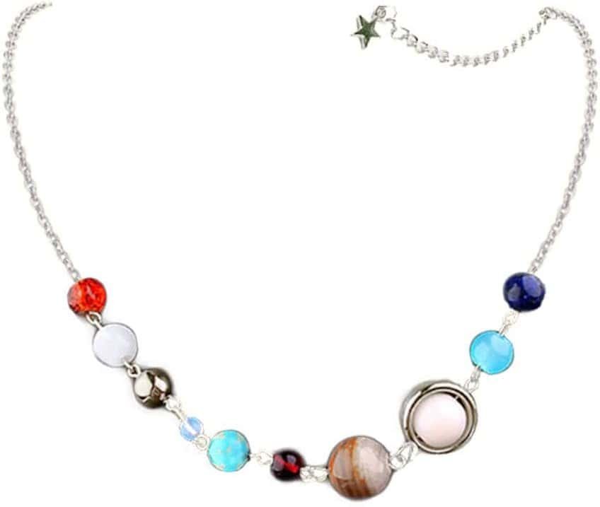 A silver chain necklace featuring colorful beads designed to represent the planets of the solar system, with a small star charm near the clasp.
