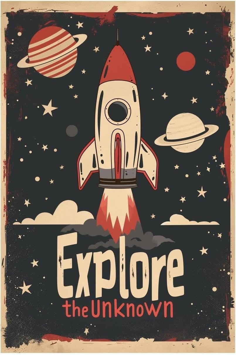 A retro-style illustration of a rocket launching into space, with planets and stars in the background, and the text "Explore the Unknown" at the bottom.