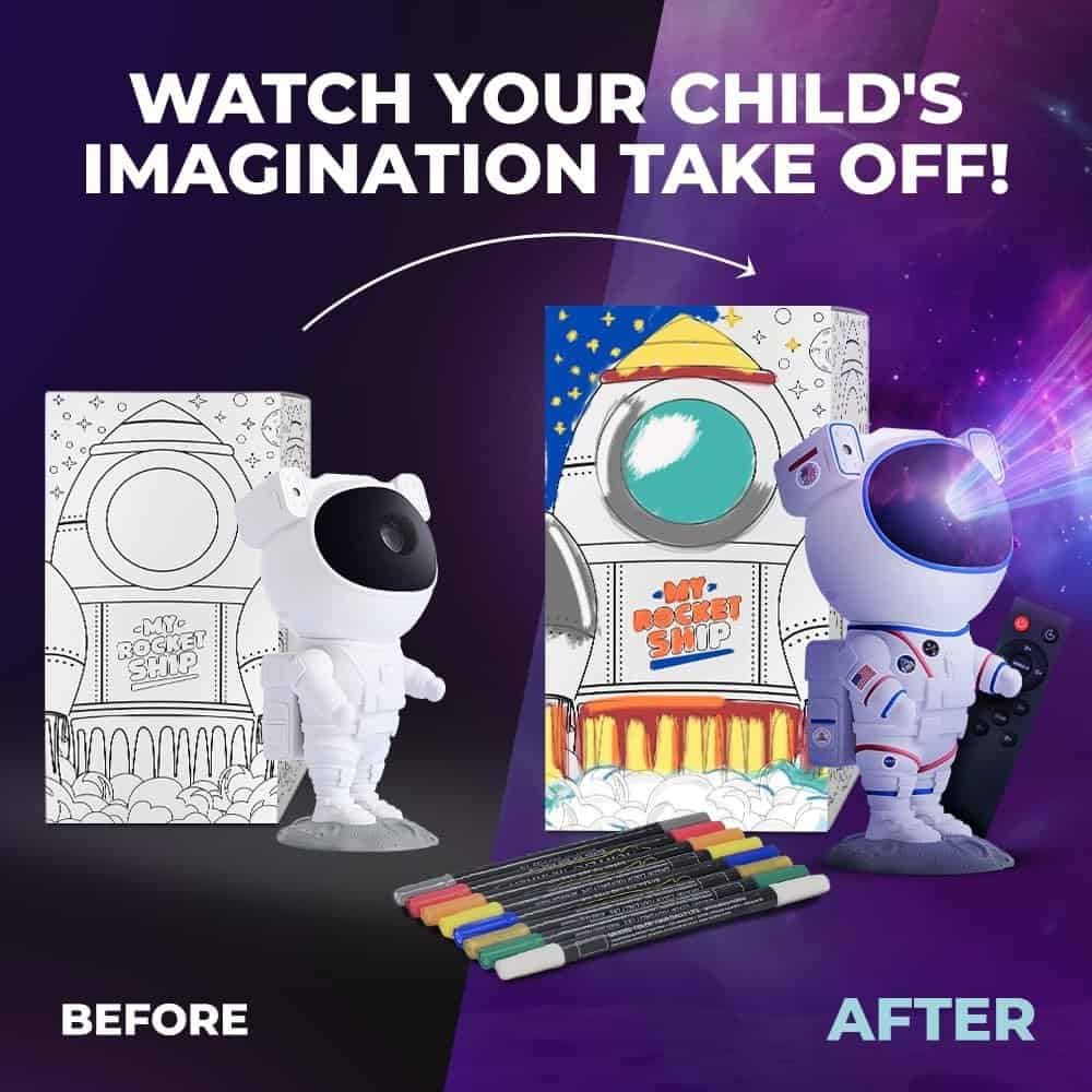 A side-by-side comparison of a plain astronaut and rocket ship set before coloring, and the same set fully colored, with markers shown at the bottom. Text reads: "Watch your child's imagination take off!.
