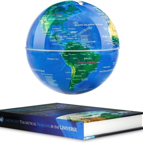 A globe floats above a closed book titled "Important Theoretical Problems in the Universe" against a white background.
