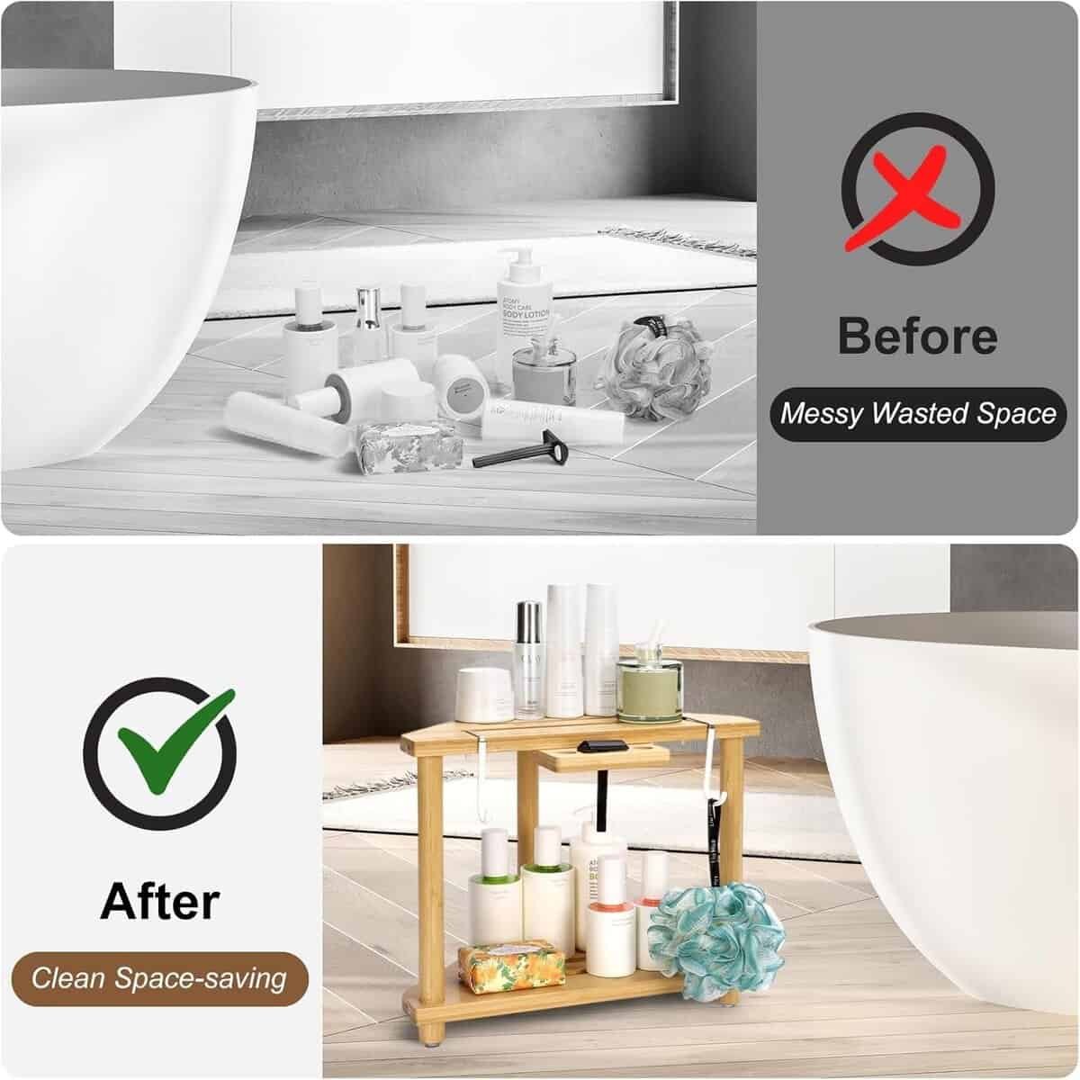 Before: Bath items scattered on the floor labeled "Messy Wasted Space." After: Items organized on a shelf labeled "Clean Space-saving.