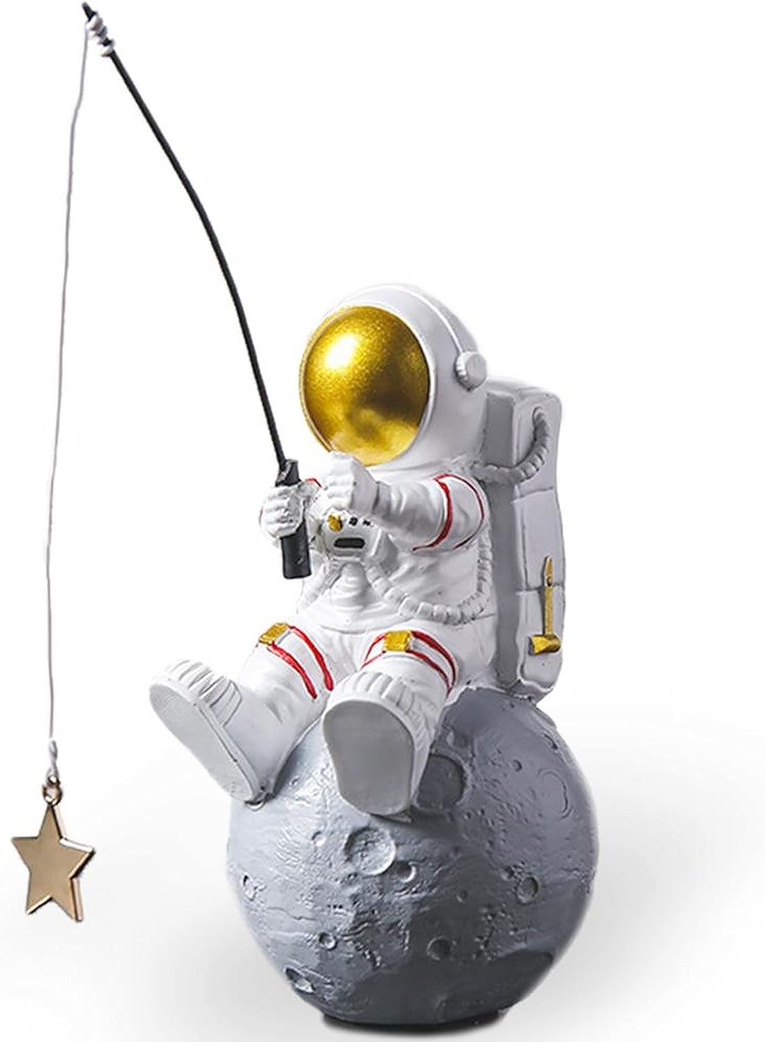 Astronaut figurine in a white suit with gold helmet sits on a moon, holding a fishing pole with a hanging star at the end of the line.