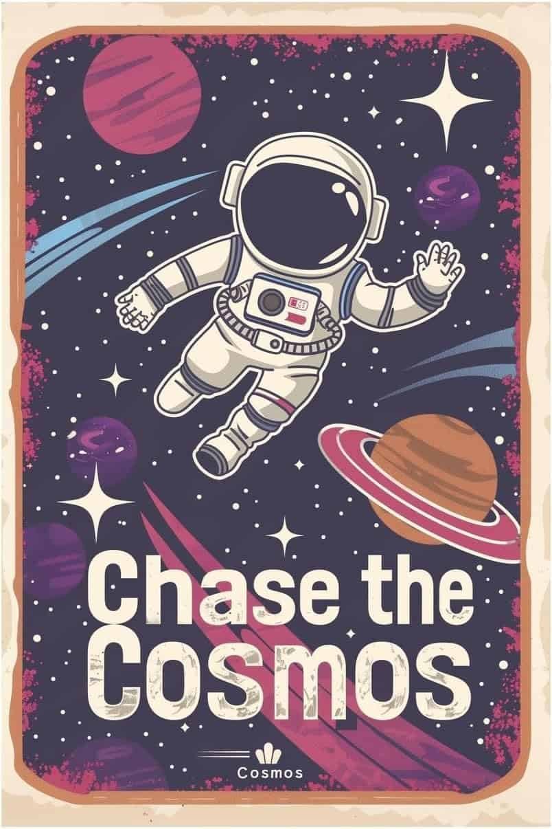Illustration of an astronaut floating in space with planets and stars, accompanied by the text "Chase the Cosmos.