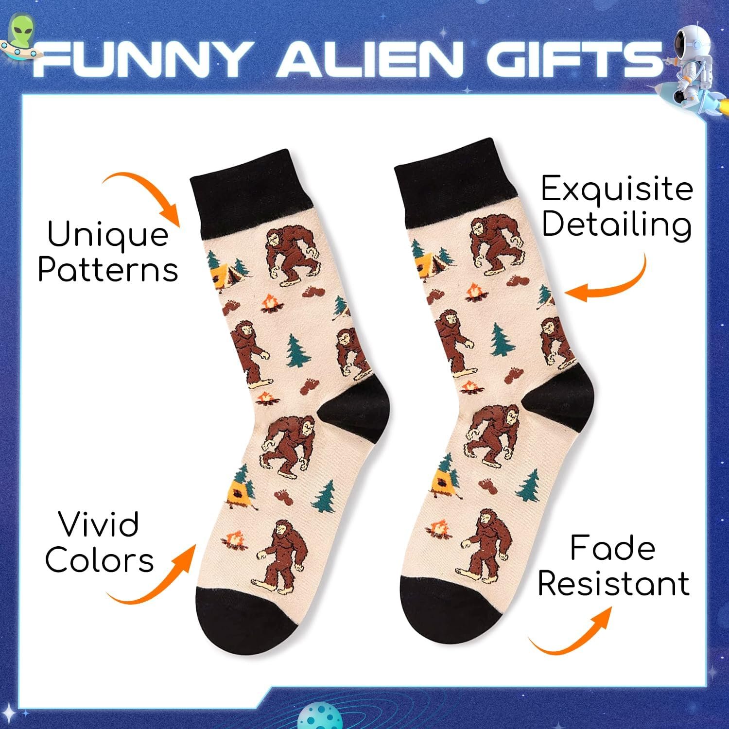 A pair of socks with Bigfoot, trees, and campfire patterns, described as having unique patterns, vivid colors, exquisite detailing, and being fade resistant.