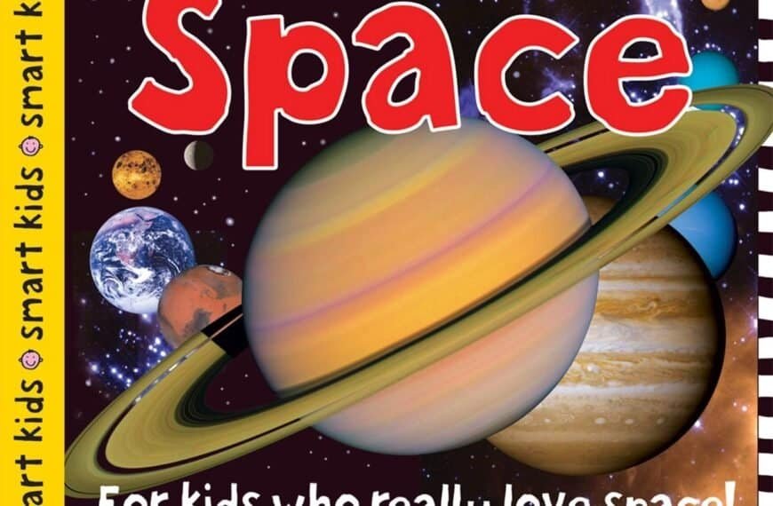 Book cover with the title "Space" in bold red letters, featuring images of planets and the tagline "For kids who really love space!" against a black and white checkered border.