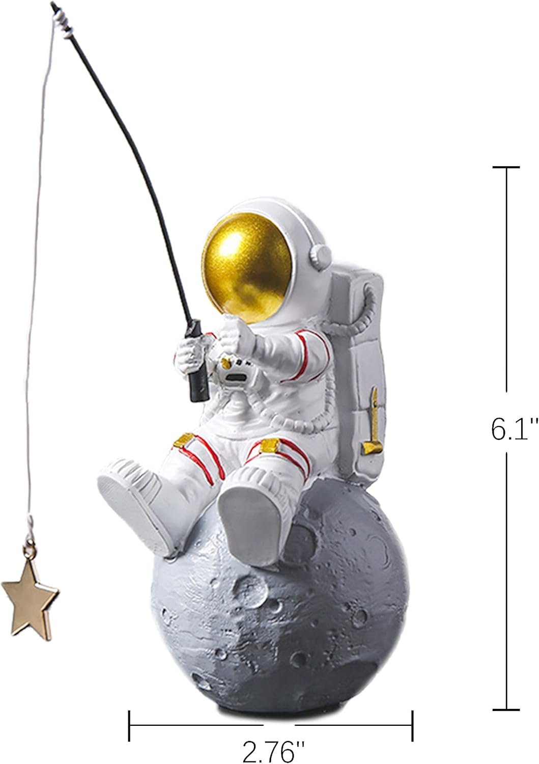 A small astronaut figurine with a gold visor sits on a gray moon, holding a fishing rod with a star, measuring 6.1 inches tall and 2.76 inches wide.