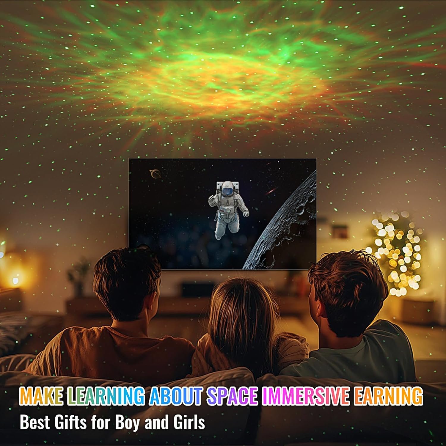 Three children sit on a couch watching an astronaut on TV with green and orange star-like lights projected onto the ceiling. Text promotes immersive learning about space and gift ideas.
