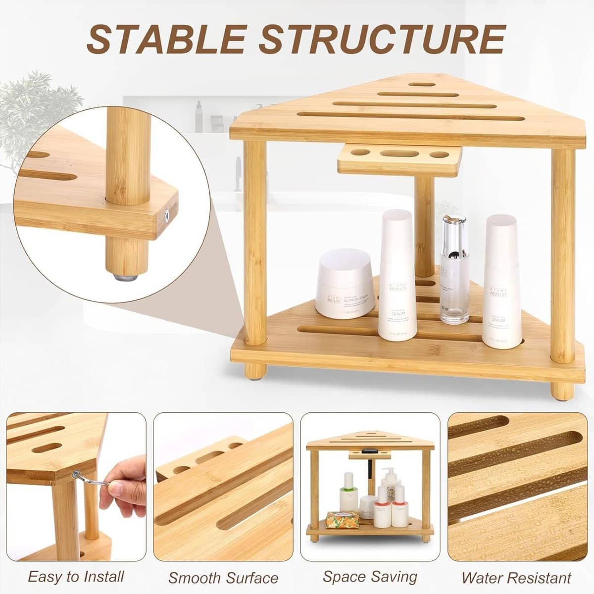 A bamboo corner shelf storage rack displays bottles and jars, with close-up insets showing installation, smooth surface, space saving design, and water-resistant material.