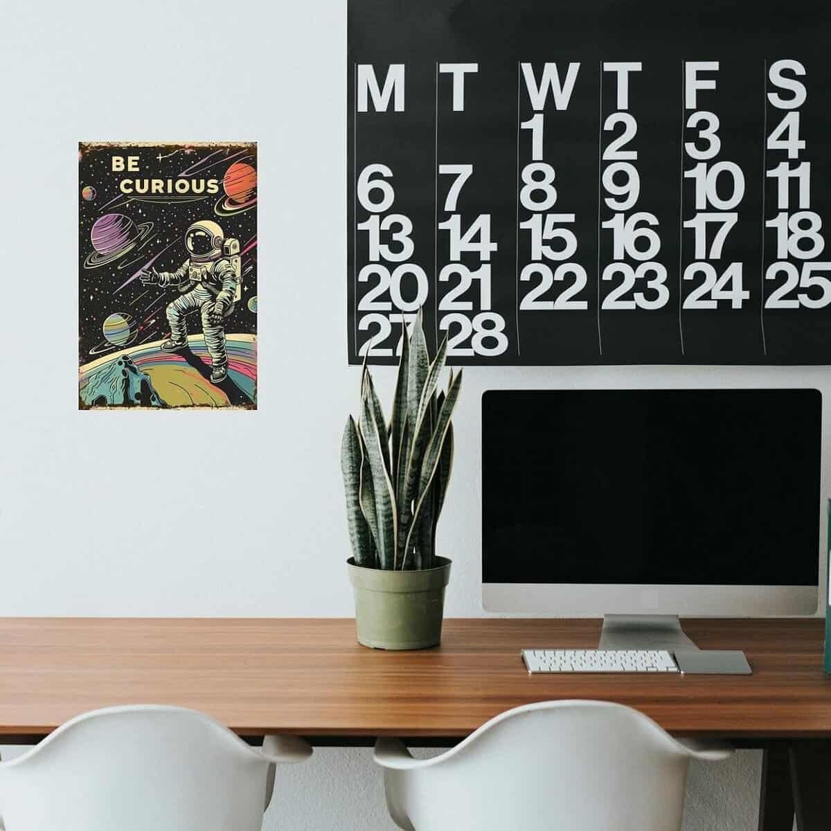 A desk with two white chairs, a potted plant, a computer monitor, a large black wall calendar, and a poster of an astronaut with the words "Be Curious.