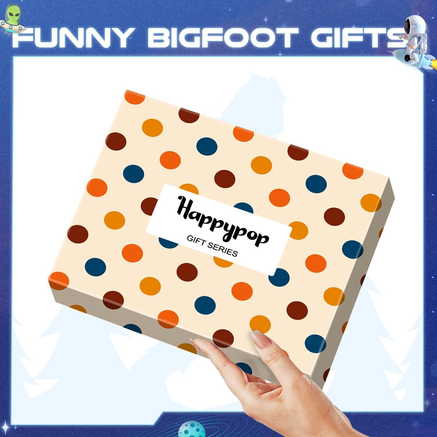 A hand holds a polka-dotted gift box labeled "Happypop Gift Series" against a blue background with the text "Funny Bigfoot Gifts" at the top.