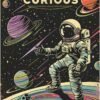 Illustration of an astronaut standing on a colorful planet with stars and planets in the background, accompanied by the text "BE CURIOUS" at the top.