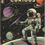 Illustration of an astronaut standing on a colorful planet with stars and planets in the background, accompanied by the text "BE CURIOUS" at the top.