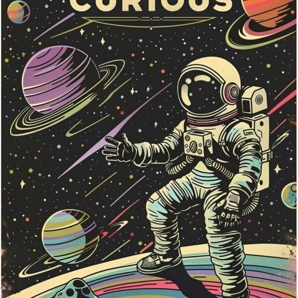 Illustration of an astronaut standing on a colorful planet with stars and planets in the background, accompanied by the text "BE CURIOUS" at the top.