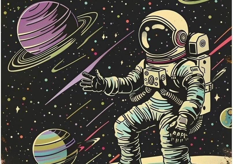 Illustration of an astronaut standing on a colorful planet with stars and planets in the background, accompanied by the text "BE CURIOUS" at the top.