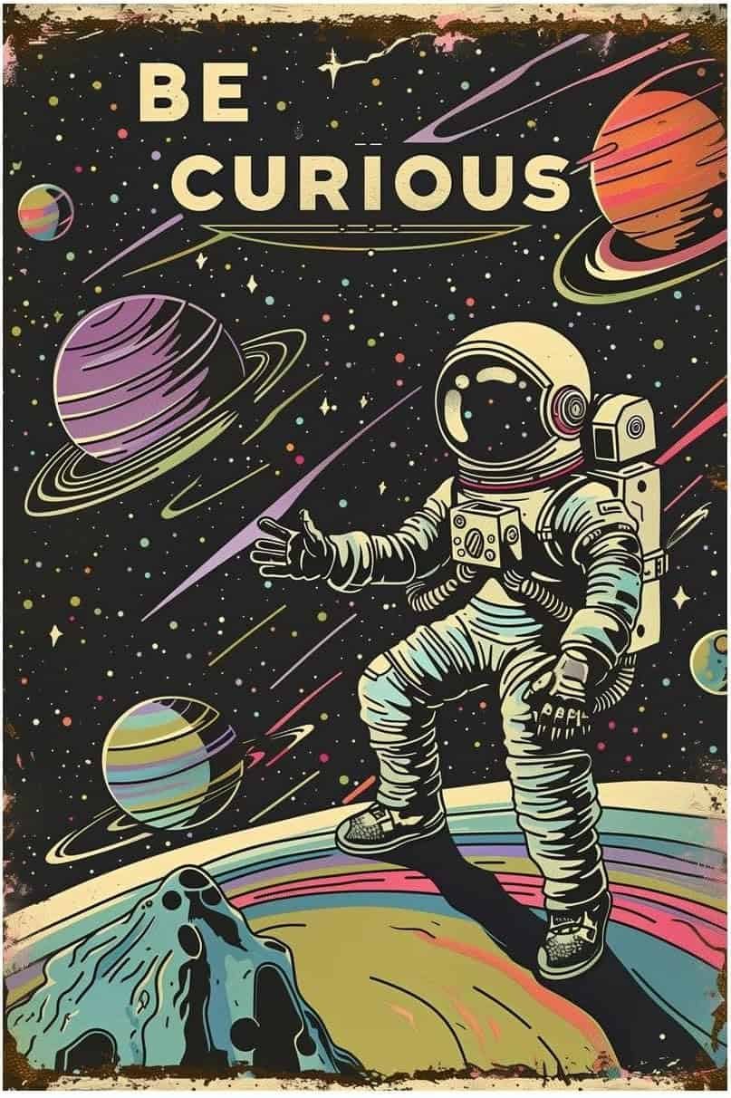Illustration of an astronaut standing on a colorful planet with stars and planets in the background, accompanied by the text "BE CURIOUS" at the top.