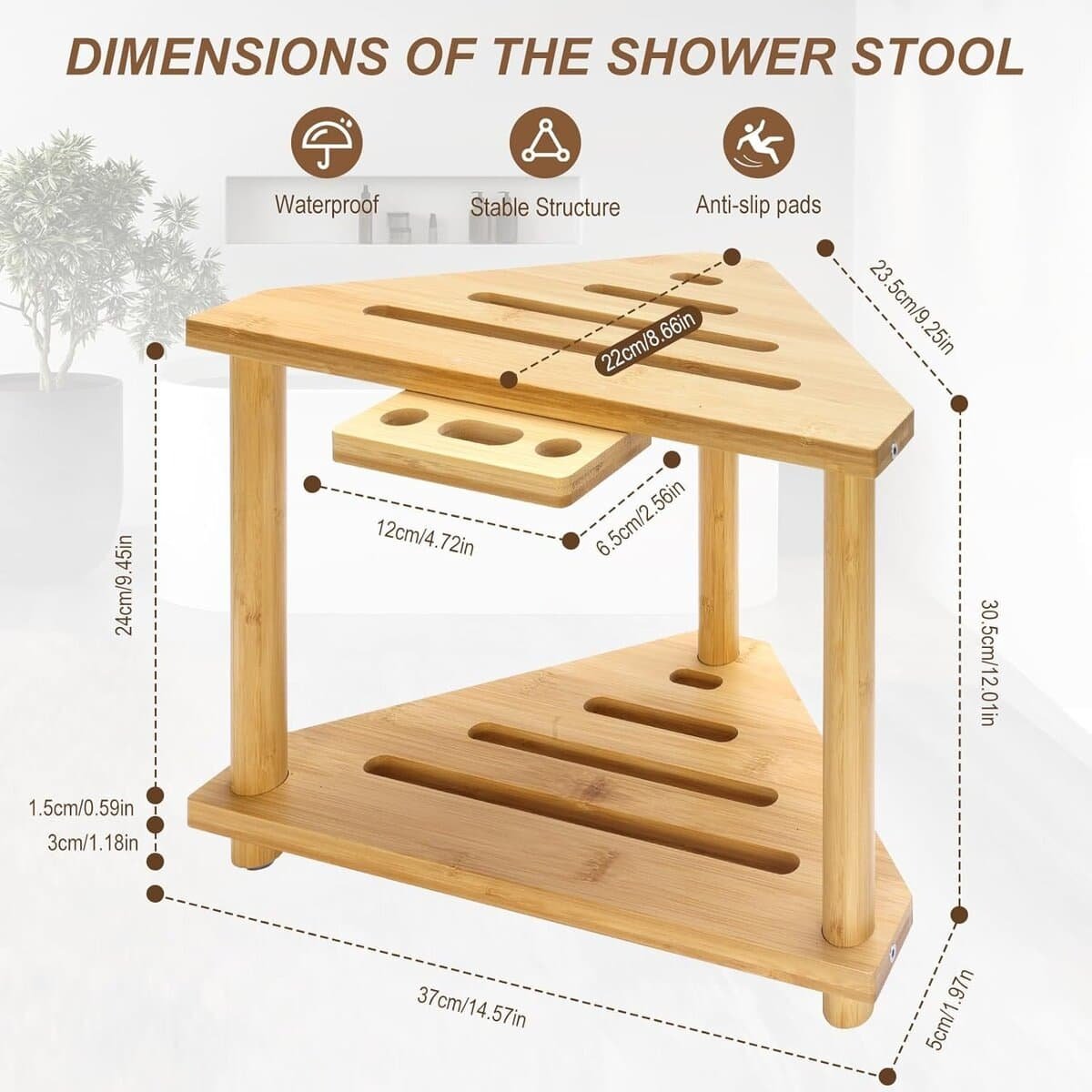 Bamboo Corner Shower Seat, Waterproof Shower Chair for Inside Shower, Shower Bench Corner with Storage Shelf for Shaving Legs for Small Space, Shower Stool for Bathroom, Indoor/Outdoor Use