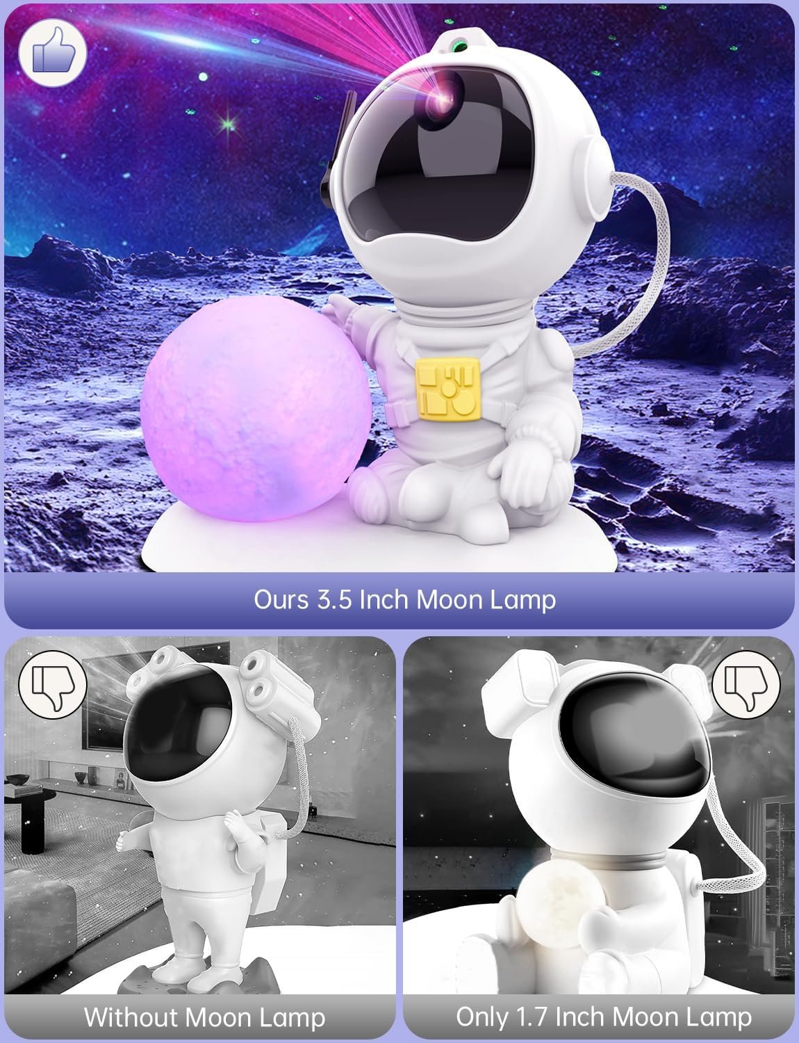 A cartoon astronaut figure holds a glowing 3.5 inch moon lamp on a space-themed background; two smaller images compare it to figures without or with a smaller lamp.
