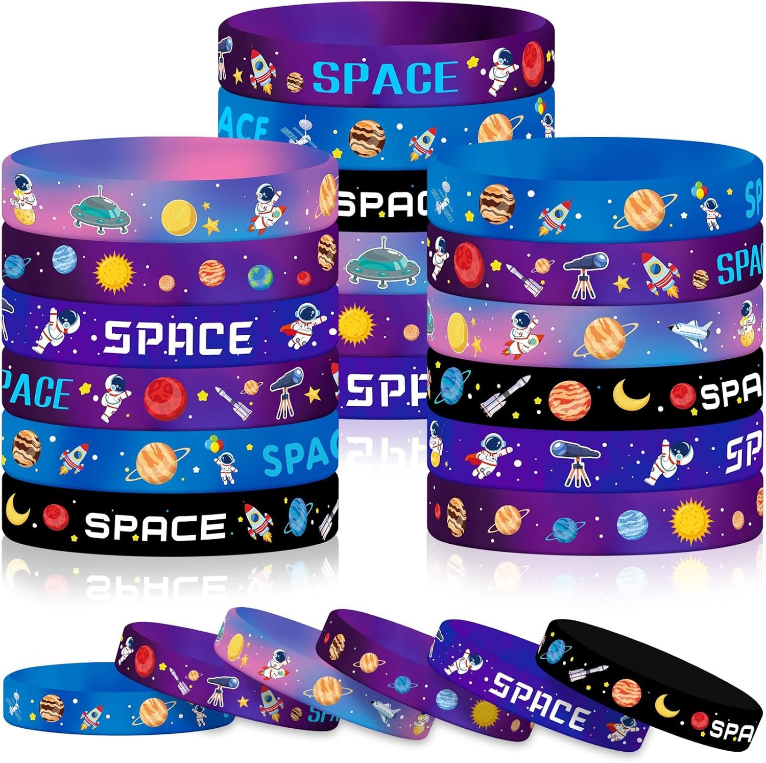 A collection of colorful silicone wristbands with space-themed designs, including planets, astronauts, rockets, stars, and the word "SPACE.