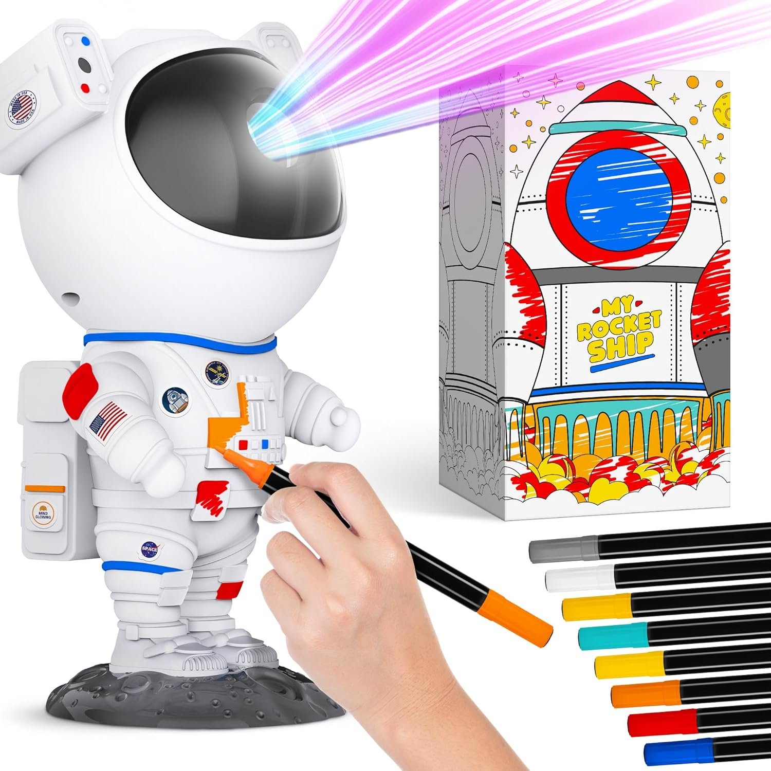 Mind-Glowing Color My Astronaut Galaxy Projector - DIY Spaceman Night Light with Acrylic Markers Kit - Paint Your Own Lamp - Unique Birthday Gift for 5-10 Year Old Boys