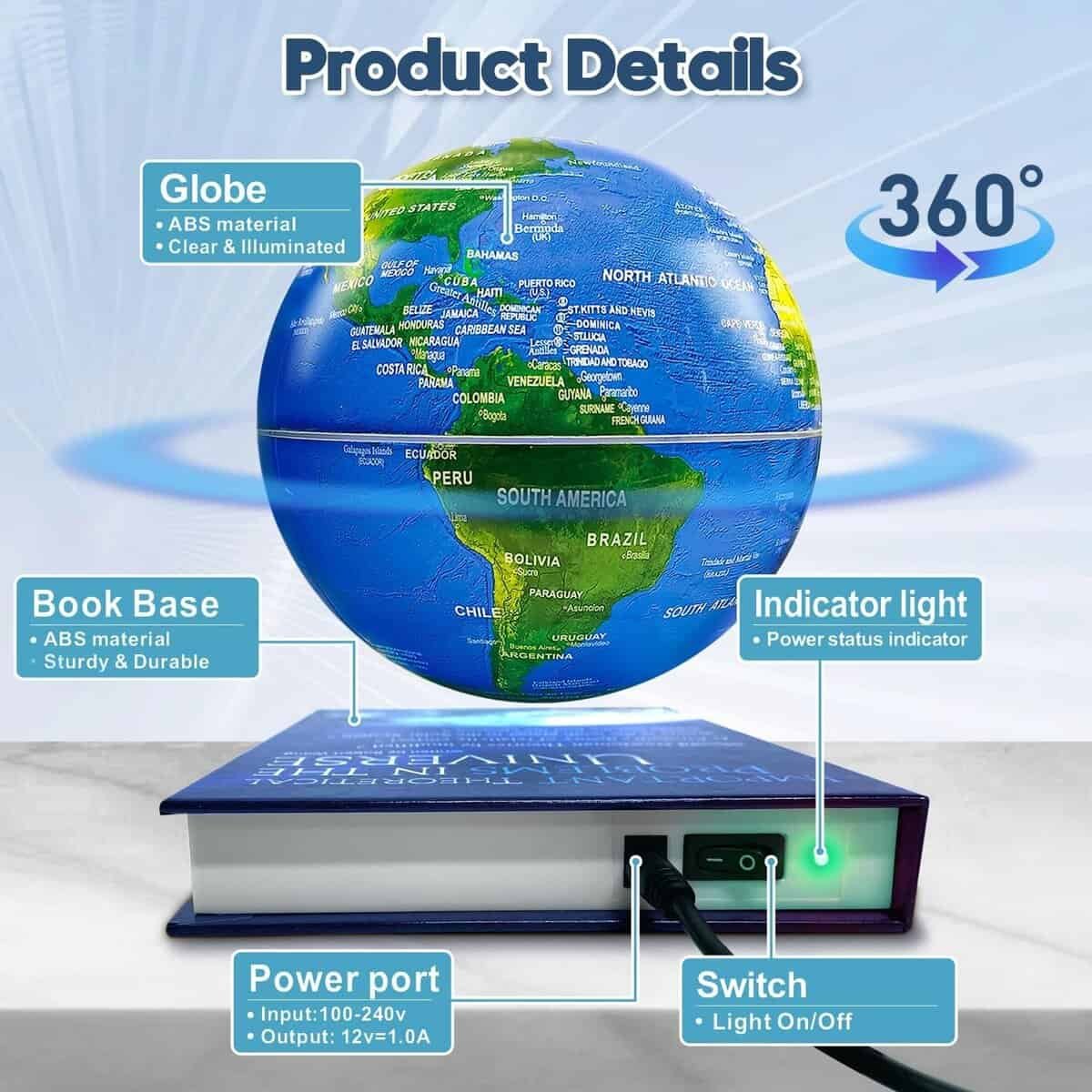 A floating globe above a book-shaped base with labels identifying the globe, book base, power port, indicator light, and on/off switch.
