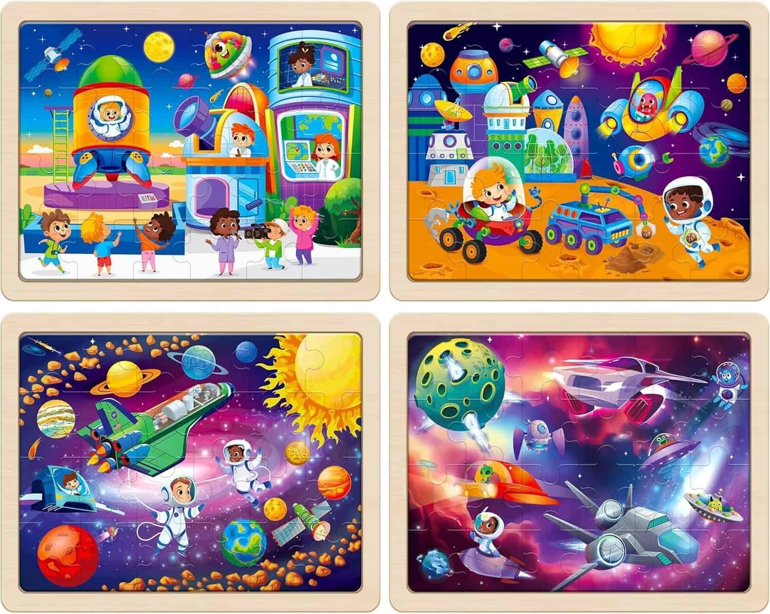Four colorful illustrations of children dressed as astronauts exploring space; scenes include a space center, moon vehicles, floating in space, and flying spaceships among planets and stars.