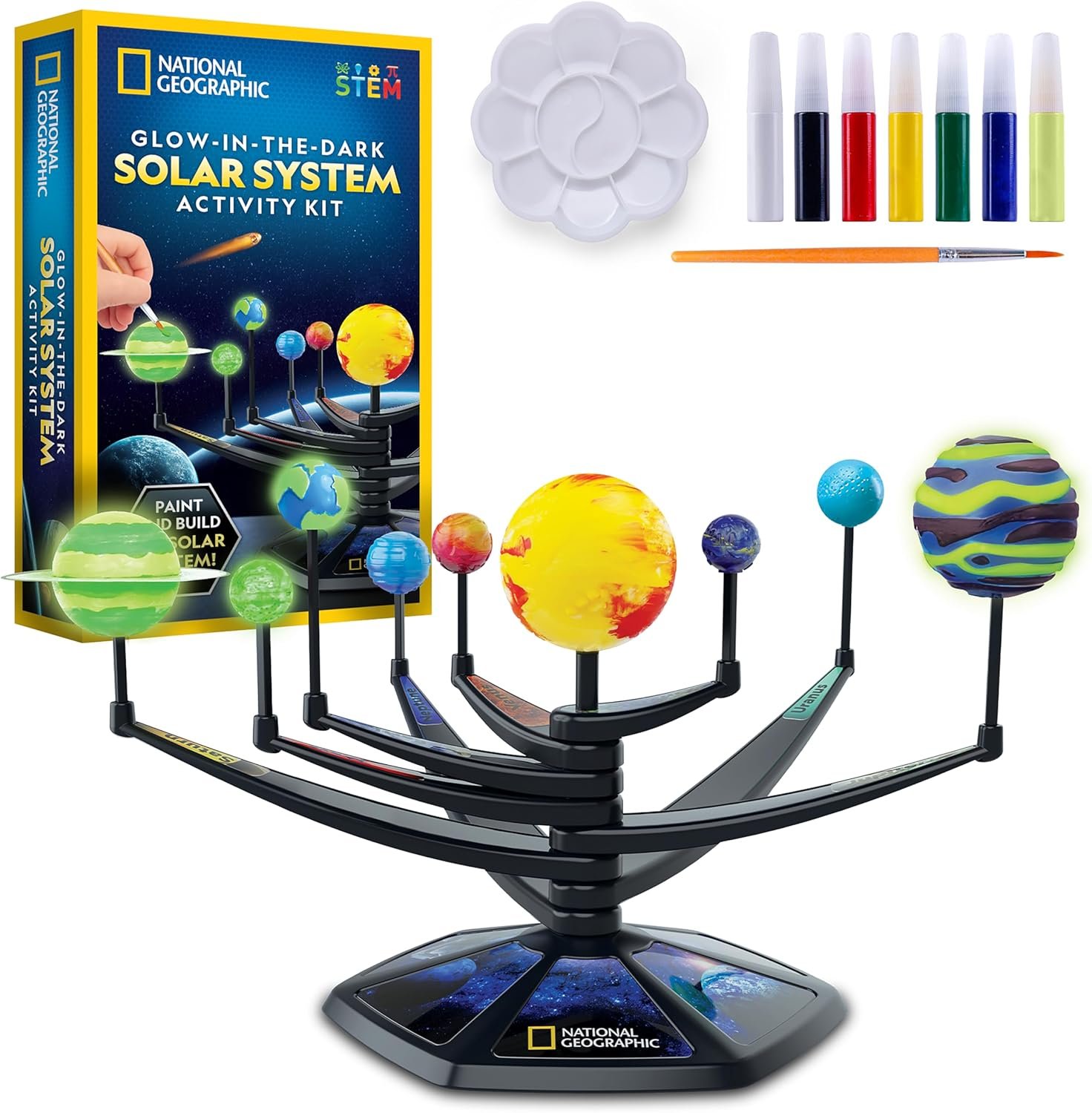 National Geographic Glow-in-The-Dark Solar System Model Kit for Kids - Build & Paint a 3D Planetary Model with Movable Arms, STEM Projects for Kids Ages 8-12, Space Themed Bedroom Decor