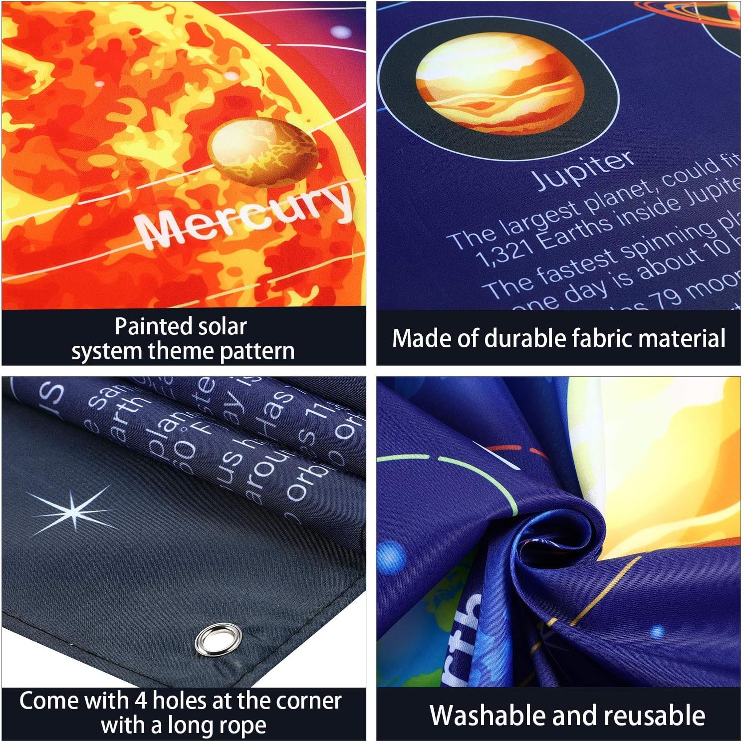 Four close-up images of a solar system-themed fabric poster, highlighting printed details, fabric material, corner holes for hanging, and washable, reusable features.