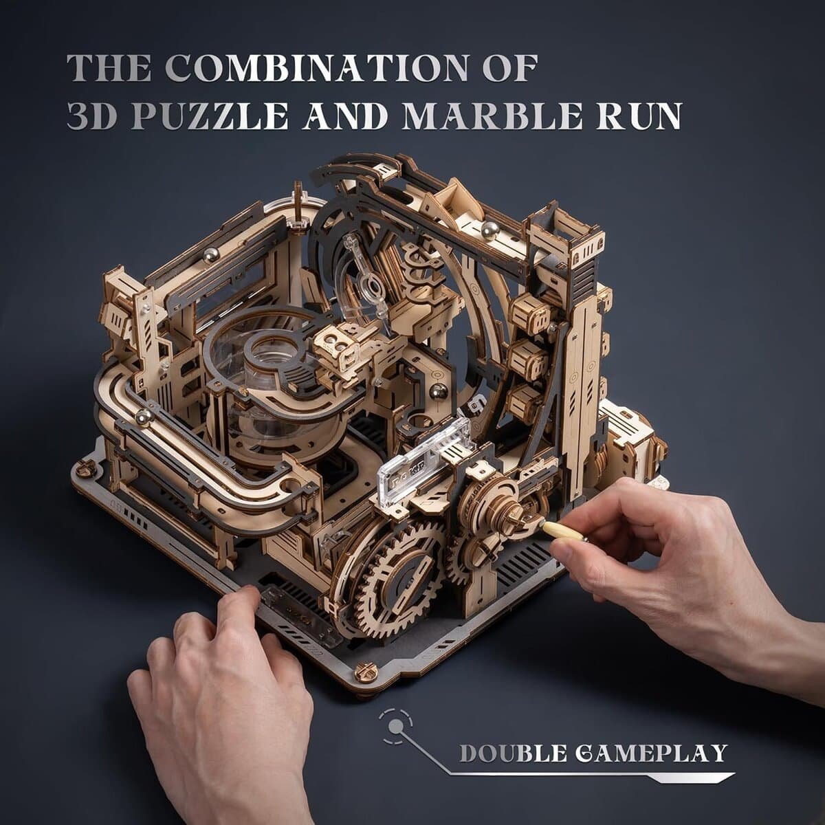 Hands assembling a wooden 3D puzzle featuring gears and marble run tracks, with text describing it as a combination of puzzle and marble run for double gameplay.