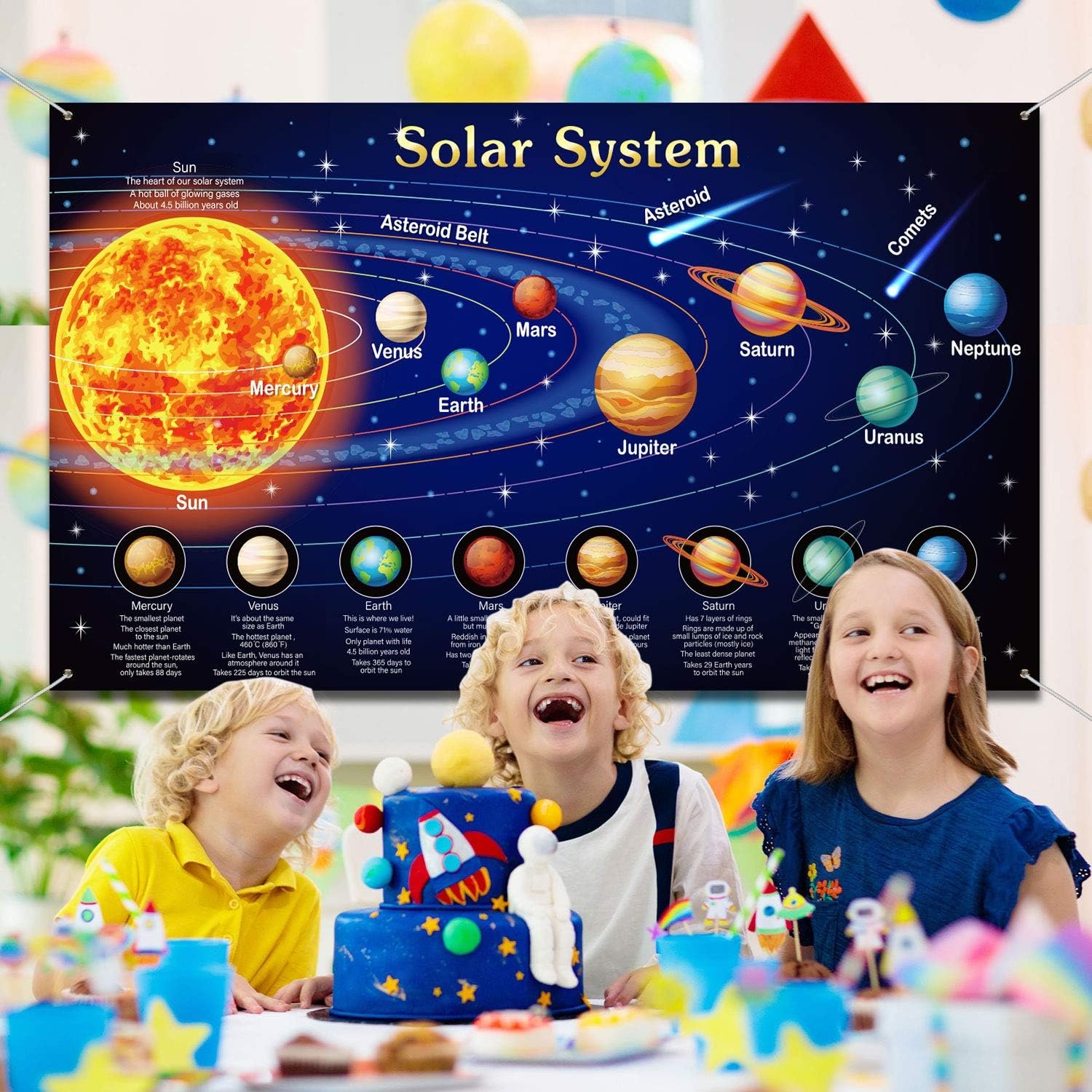 Three children sit at a table with a space-themed birthday cake, smiling, in front of a poster showing the planets of the solar system with labeled orbits and descriptions.