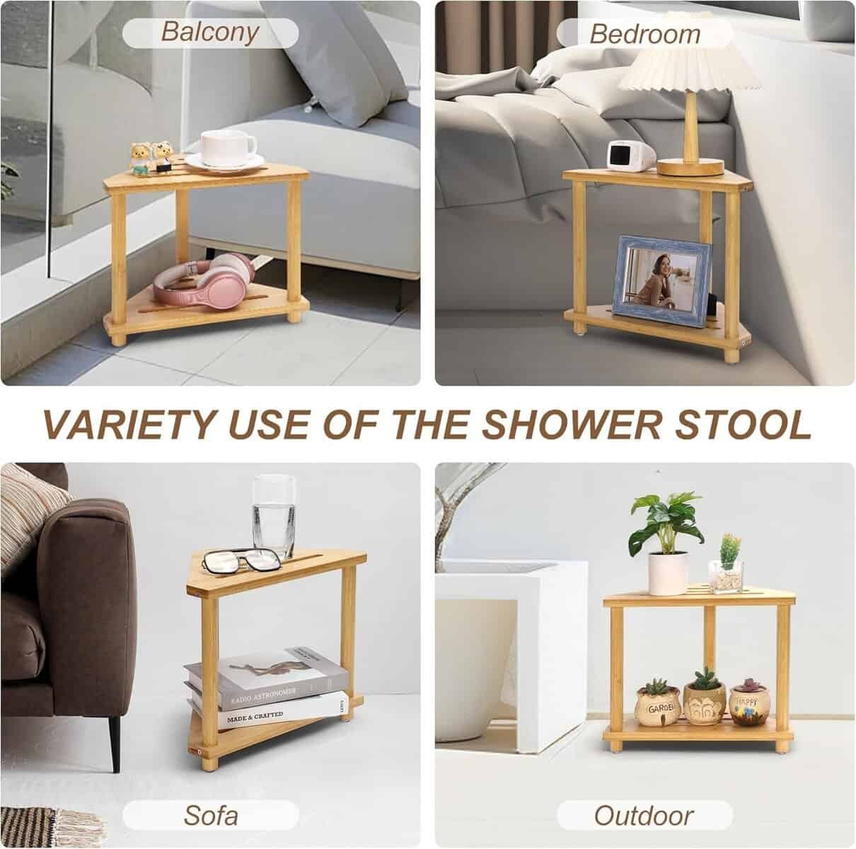 Four images show a wooden shower stool used as a side table in different settings: balcony, bedroom, sofa area, and outdoor space, each holding various items.