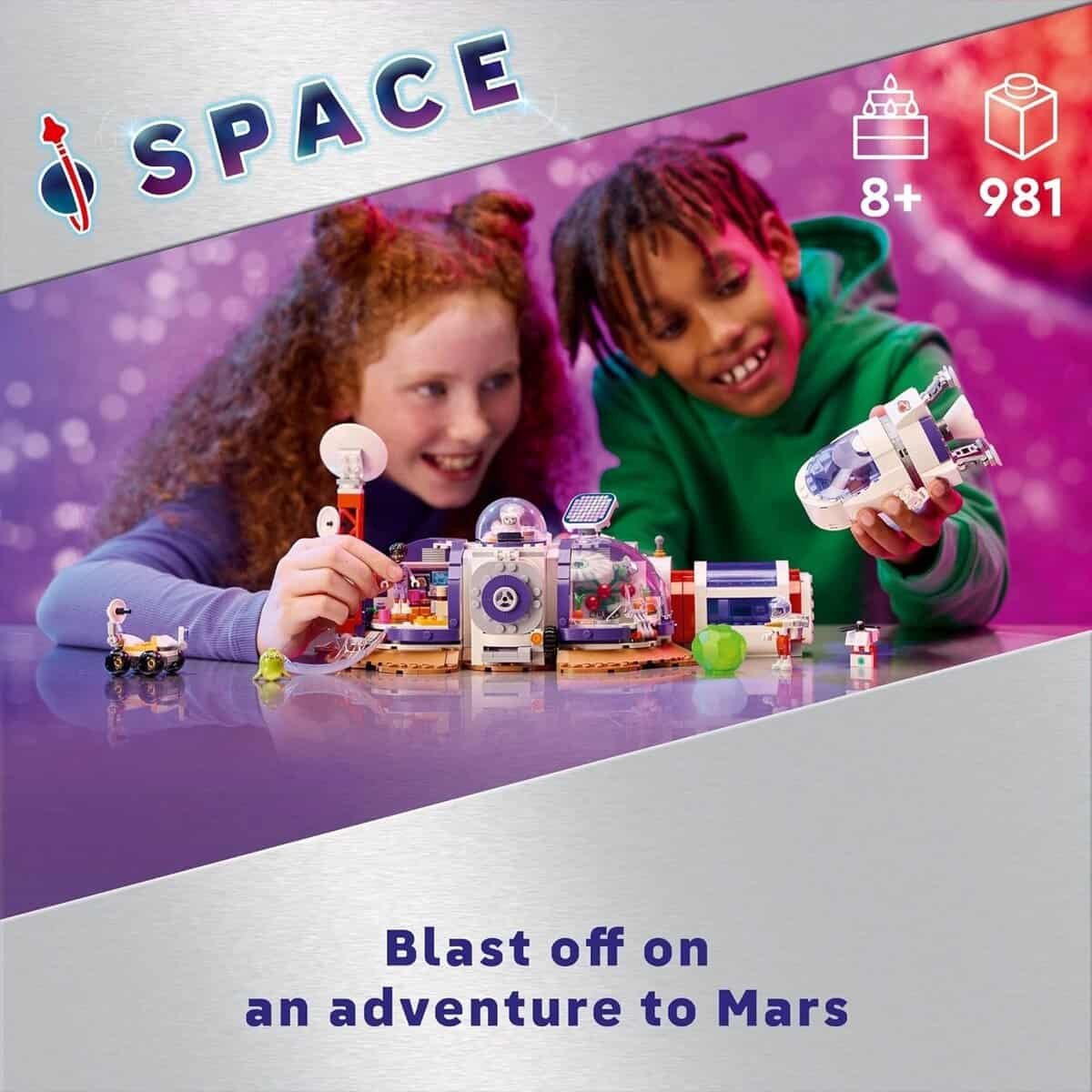 Two children play with a space-themed building set, featuring a Mars exploration base and vehicles, against a colorful background. Text reads: "Blast off on an adventure to Mars.