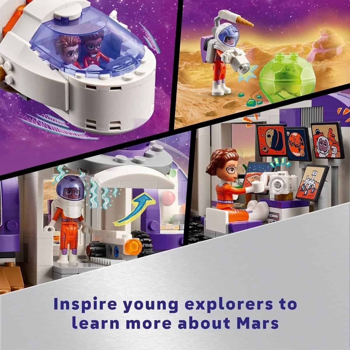 LEGO figures in astronaut suits explore Mars-themed scenes, including a space pod, alien plant, and a command center with screens. Text: "Inspire young explorers to learn more about Mars.