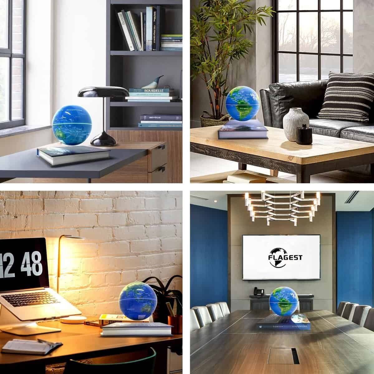 A blue levitating globe is displayed on desks and tables in four different office and living room settings.