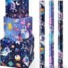 Three wrapped gift boxes and four rolls of space-themed birthday wrapping paper featuring astronauts, planets, and “Happy Birthday” text on a starry background.