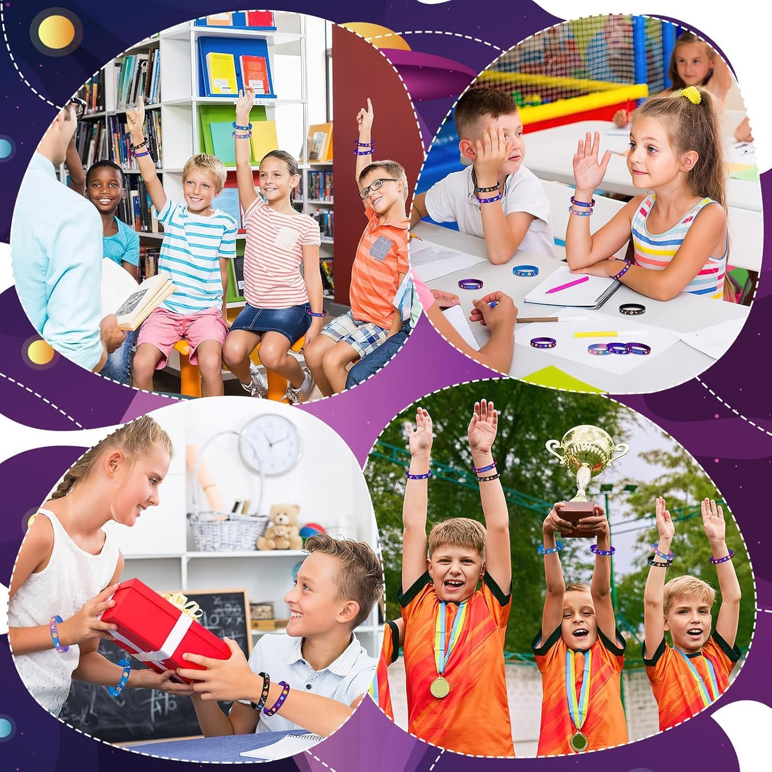 Collage of children in classrooms and at events: raising hands to answer questions, exchanging a gift, and celebrating with medals and a trophy.
