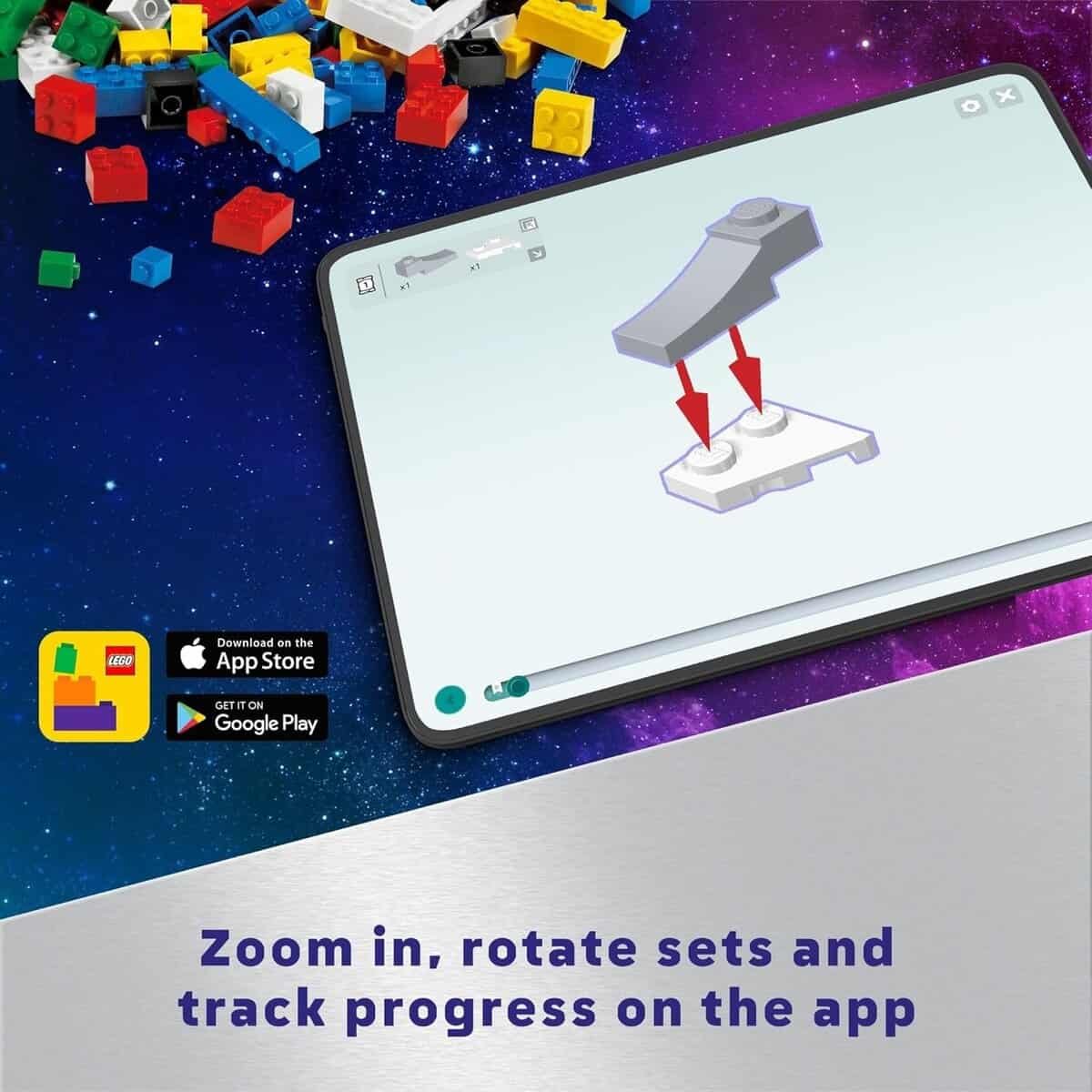 Tablet displaying digital LEGO building instructions with scattered LEGO pieces in the background. App Store and Google Play logos shown. Text reads: "Zoom in, rotate sets and track progress on the app.