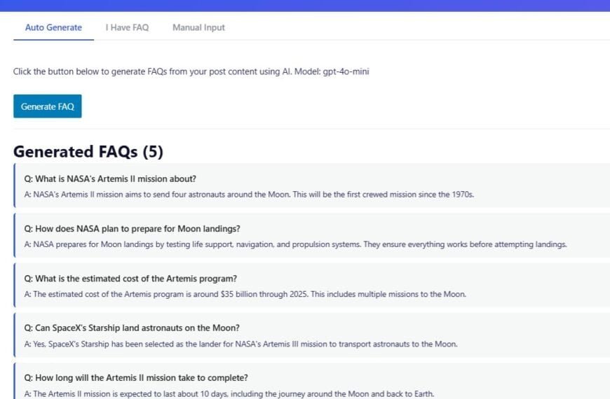 A webpage features AI SEO FAQ Schema — The Smartest Way to Get More Clicks from Google — showing five auto-generated FAQs on Artemis I missions, NASA landing plans, project costs, SpaceX Starship, and mission timeline for better search visibility.