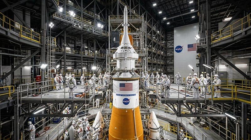 NASA technicians in protective suits work around a large Moon rocket inside an industrial facility, with scaffolding, lights, and NASA logos visible in the background.
