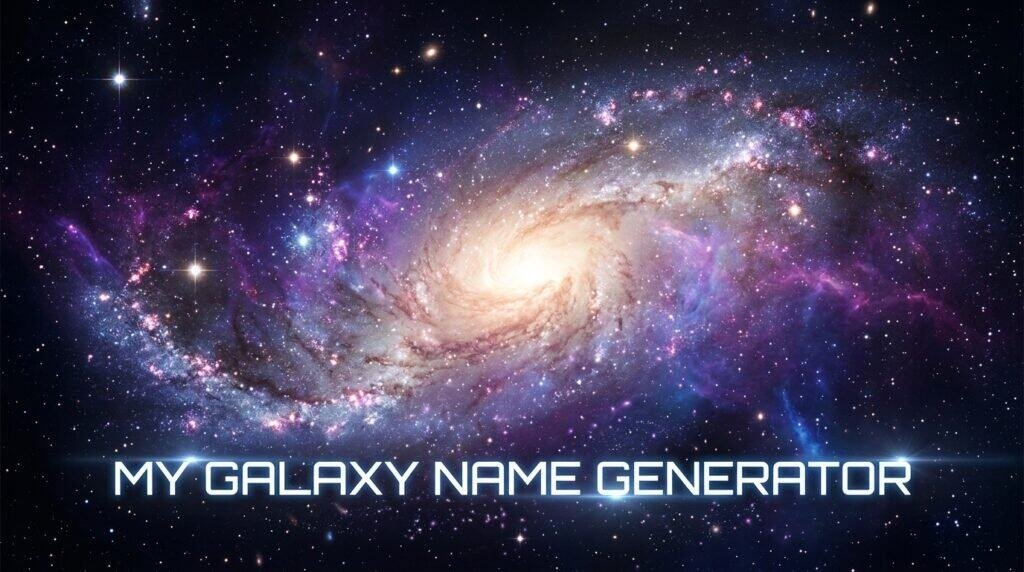 A spiral galaxy with bright stars and cosmic clouds, featuring "My Galaxy Name Generator" in large, glowing letters at the bottom—a perfect universe for discovering unique names.