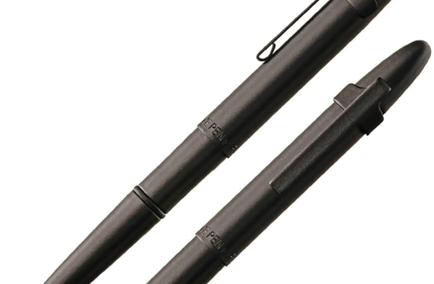 Two Fisher Space Pen Bullet — Matte Black (2026) ballpoint pens, one capped and one uncapped, are displayed side by side on a white background.