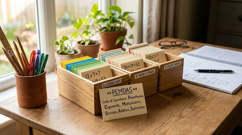 Wooden boxes on a desk hold math flashcards, like multiplication and a card explaining how to remember the order of operations PEMDAS, surrounded by plants, pens, and an open notebook.
