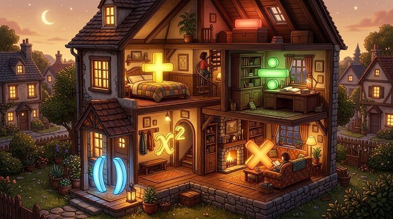 A cozy two-story house at dusk with glowing math symbols in each room—addition, division, parentheses, exponents, and multiplication—serves as a fun way to show how to remember the order of operations PEMDAS.