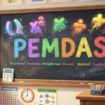 A classroom chalkboard displays the acronym PEMDAS with colorful symbols for parentheses, exponents, multiplication, division, addition, and subtraction, illustrating how to remember the order of operations PEMDAS.